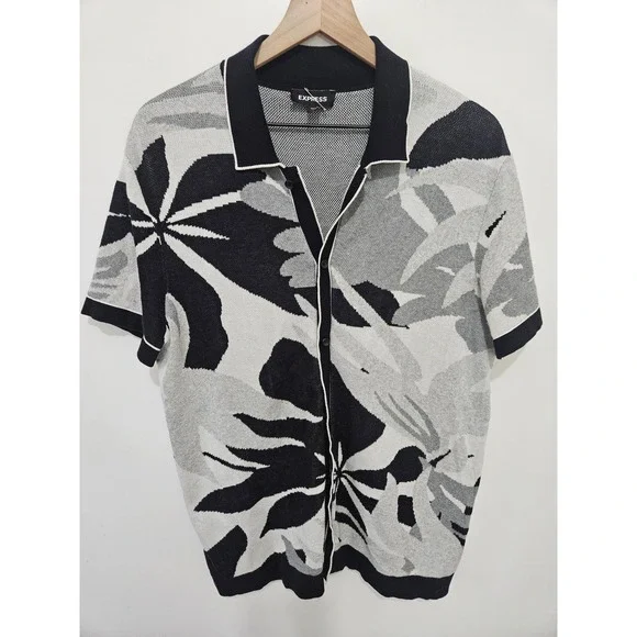 Express Mens Floral Knit Button Down Polo Shirt Black Grey Tropical Leaf Large - Picture 1 of 6